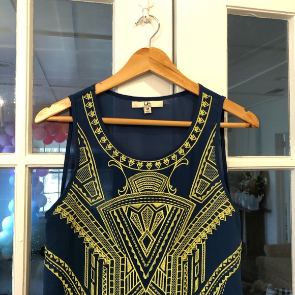 Ya Los Angeles Blue and Chartreuse Embroidered Aztec Top - Picture 2 of 7